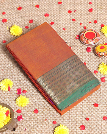 Traditional Kanchi Cotton Saree with Rich Zari Woven Border Intricate Temple & Diamond Motifs - Orange