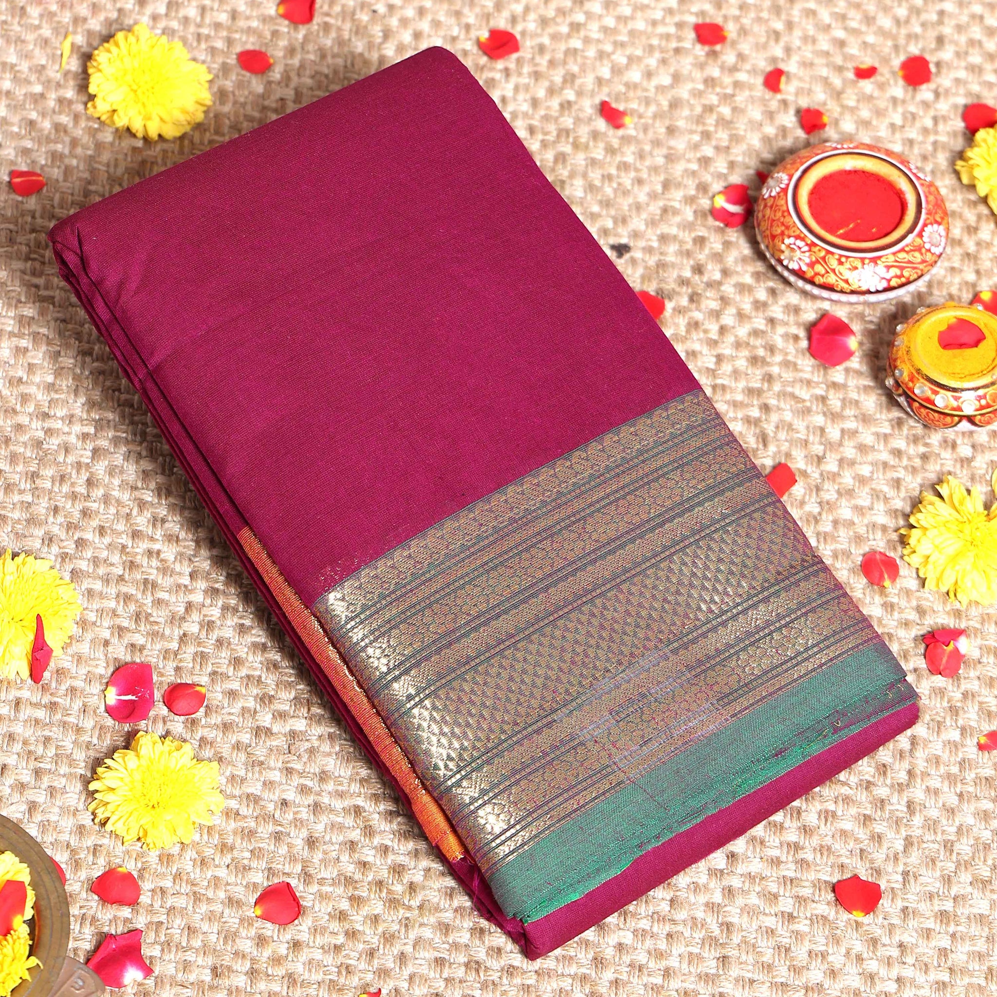 Traditional Kanchi Cotton Saree with Rich Zari Woven Border Intricate Temple & Diamond Motifs - Purple