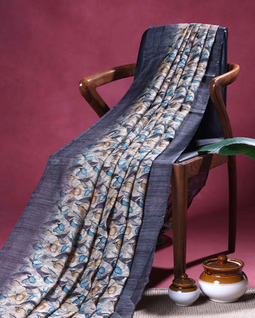 Elegant Semi Jute Saree with All Over Floral Vine Print and Classic Traditional Border - Cream