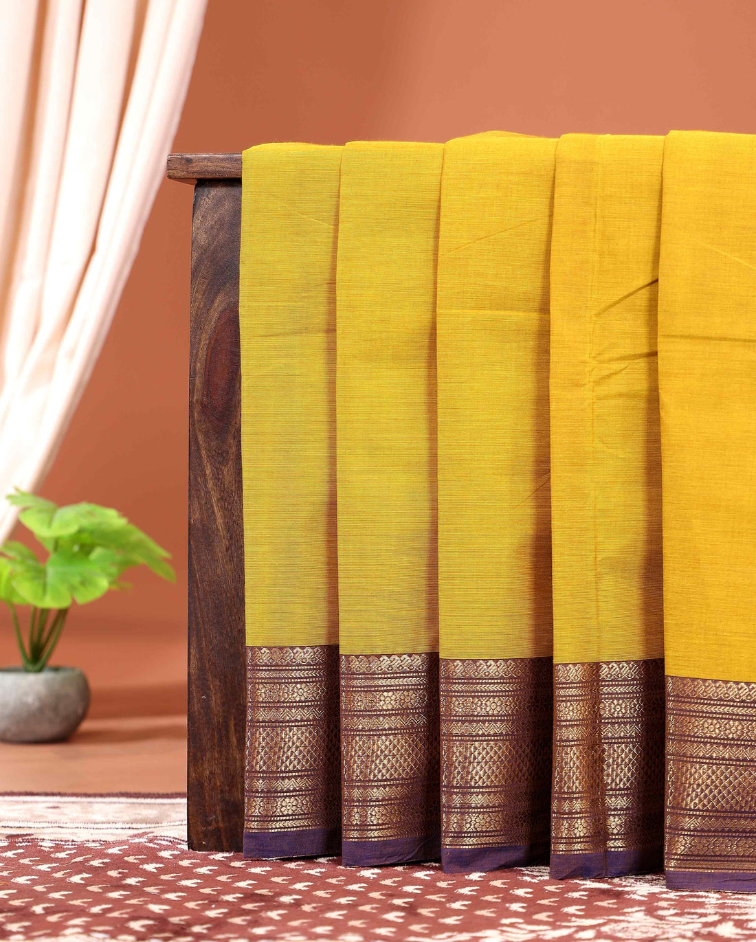 Traditional Kanchi Cotton Saree with Rich Zari Woven Border Intricate Temple & Diamond Motifs - Yellow