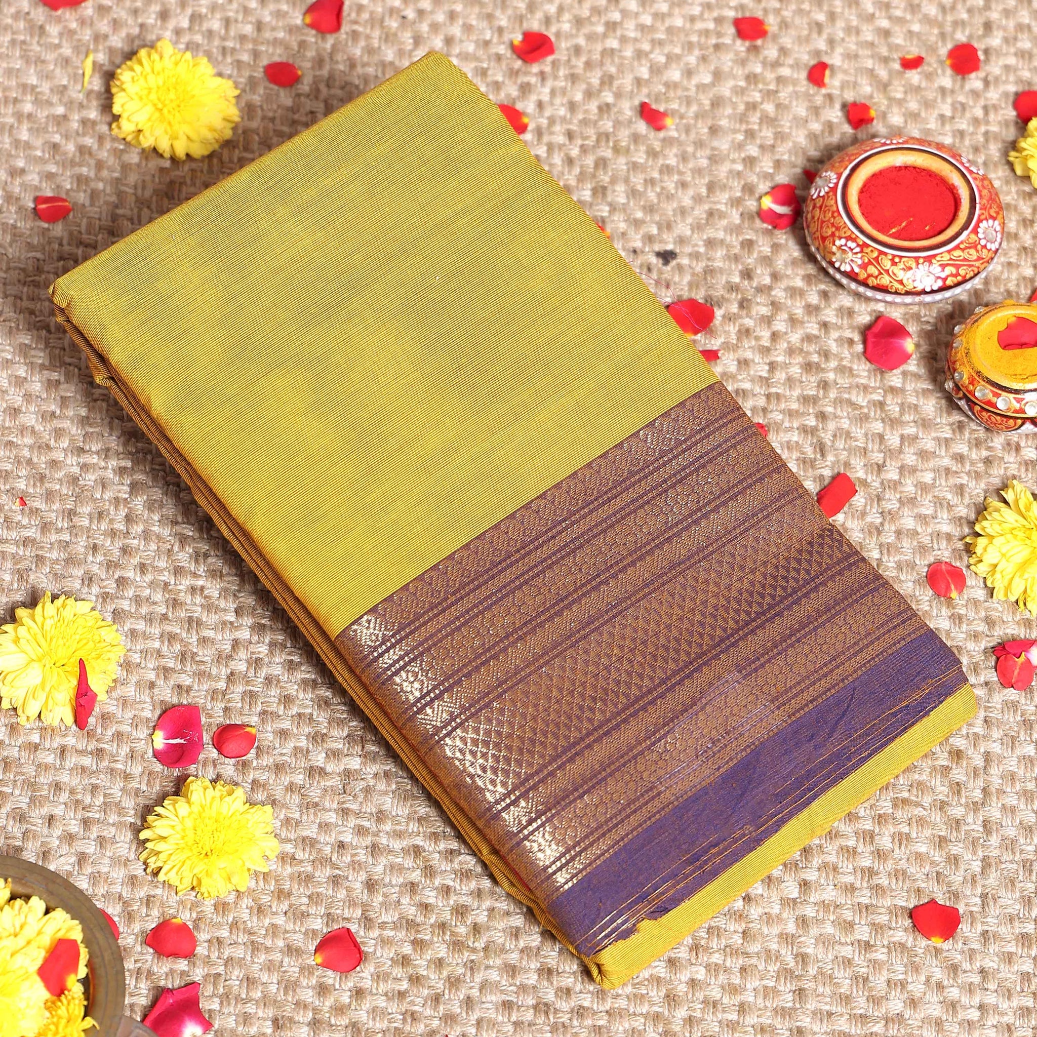 Traditional Kanchi Cotton Saree with Rich Zari Woven Border Intricate Temple & Diamond Motifs - Yellow