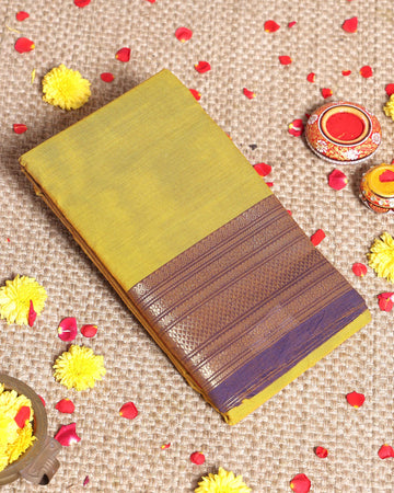 Traditional Kanchi Cotton Saree with Rich Zari Woven Border Intricate Temple & Diamond Motifs - Yellow