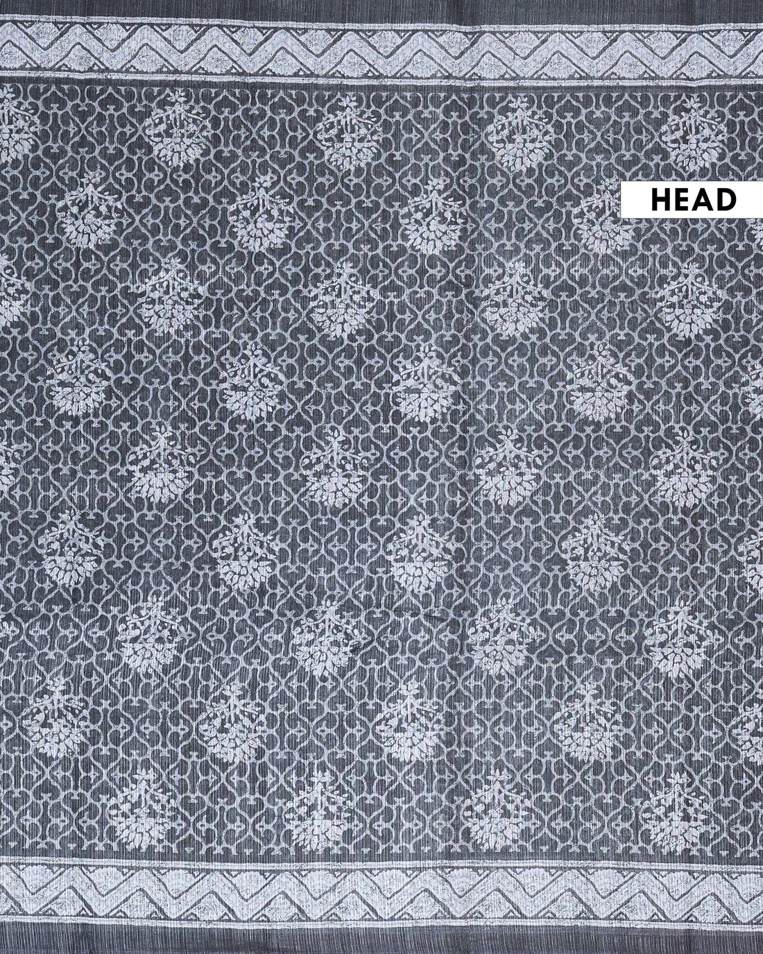 Elegant Linen Blend Saree with All Over Floral Buta Print and Intricate Geometric Border Design - Dark Grey