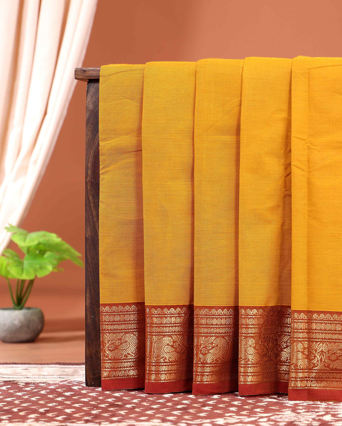 Elegant Kanchi Handwoven Cotton Saree with Grand Zari Border Traditional Peacock & Floral Motifs - Mustard