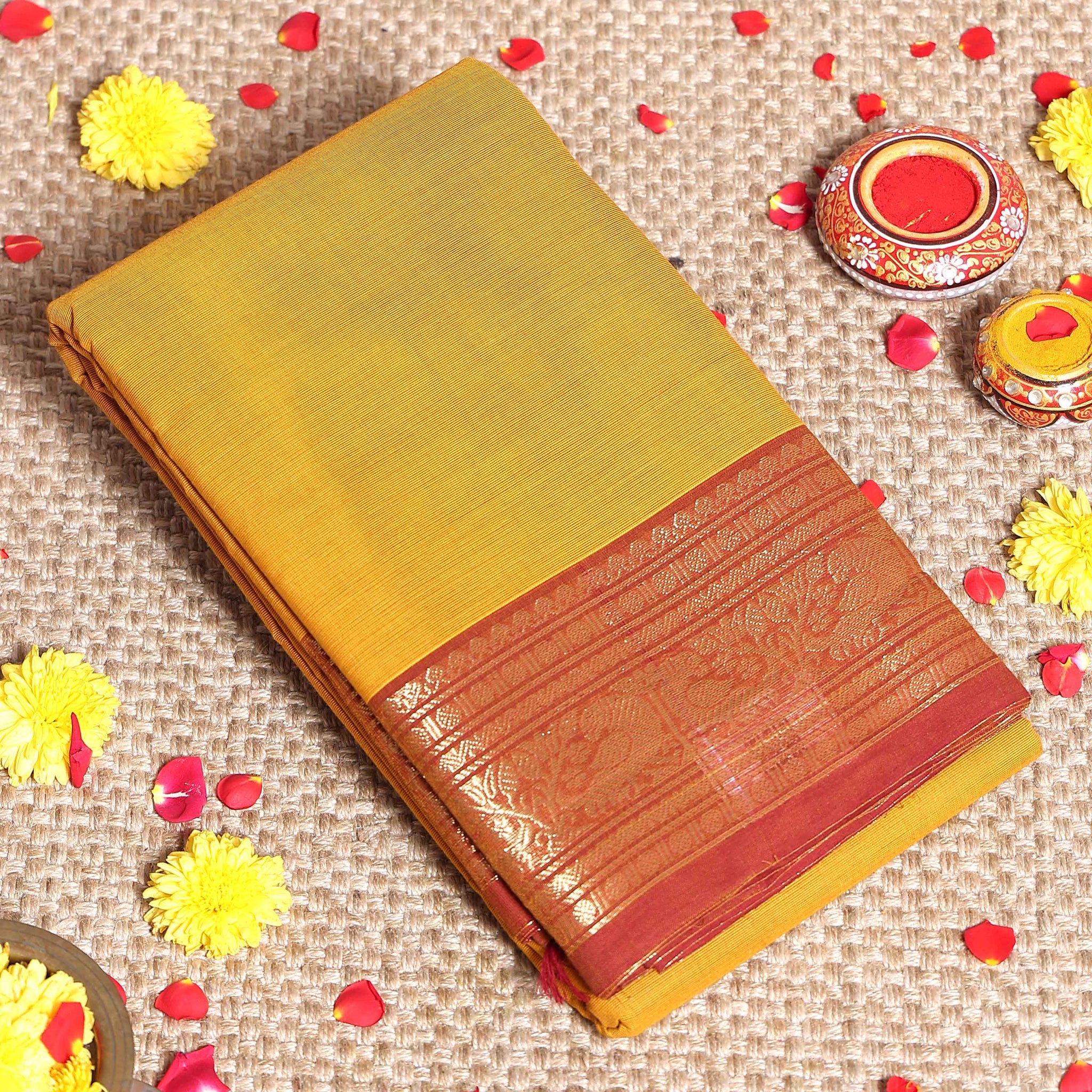 Elegant Kanchi Handwoven Cotton Saree with Grand Zari Border Traditional Peacock & Floral Motifs - Mustard