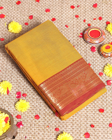 Elegant Kanchi Handwoven Cotton Saree with Grand Zari Border Traditional Peacock & Floral Motifs - Mustard
