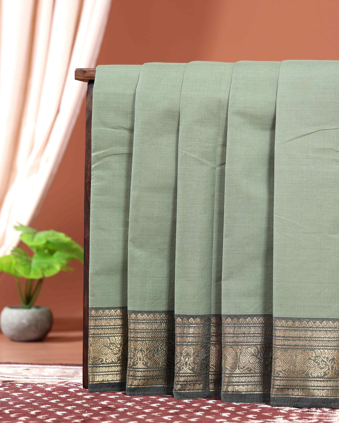Elegant Kanchi Handwoven Cotton Saree with Grand Zari Border Traditional Peacock & Floral Motifs - Light Green