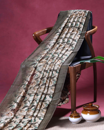 Elegant Semi Jute Saree with All Over Floral Vine Print and Classic Traditional Border - Cream