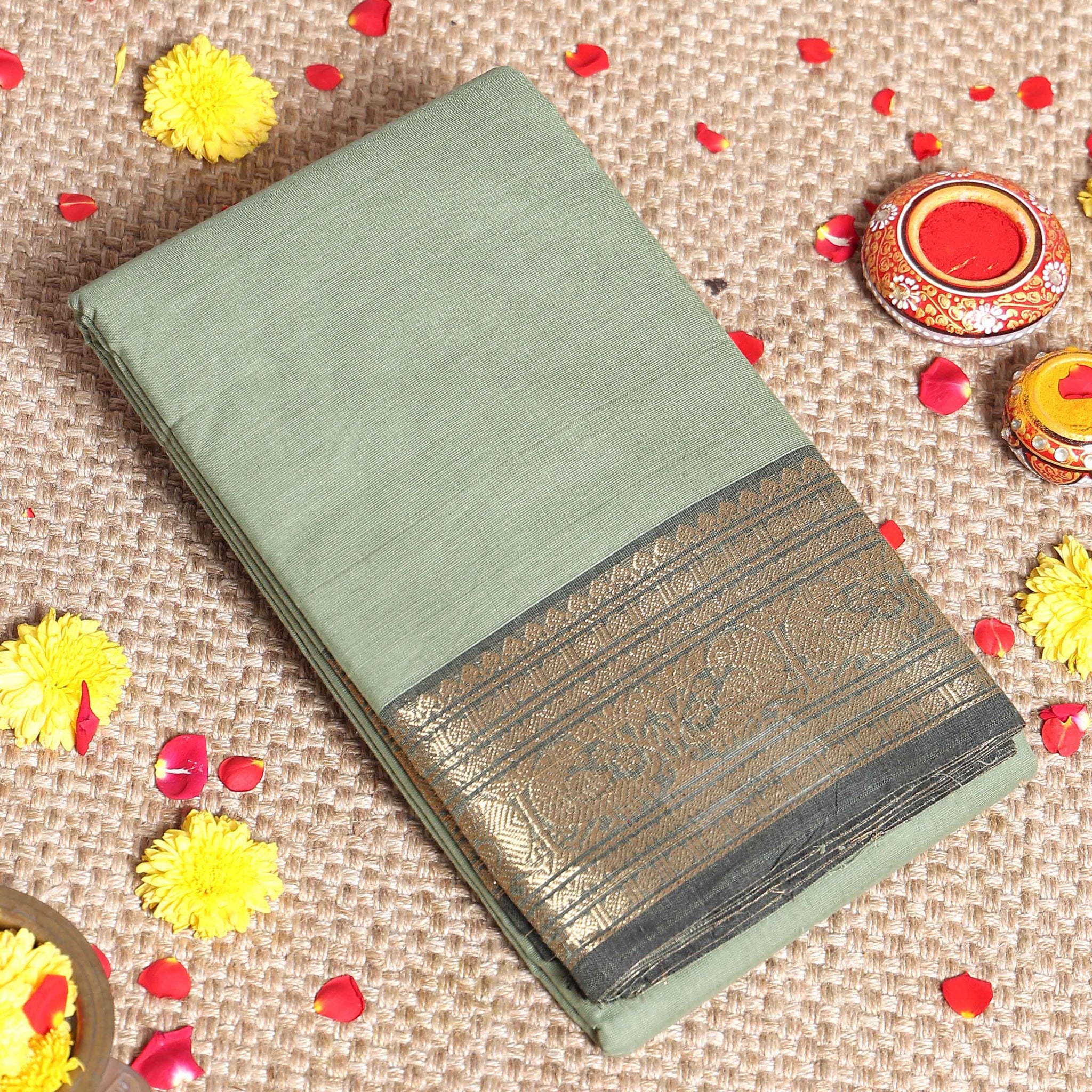 Elegant Kanchi Handwoven Cotton Saree with Grand Zari Border Traditional Peacock & Floral Motifs - Light Green