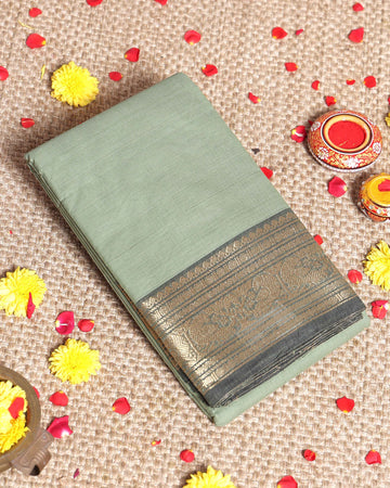 Elegant Kanchi Handwoven Cotton Saree with Grand Zari Border Traditional Peacock & Floral Motifs - Light Green