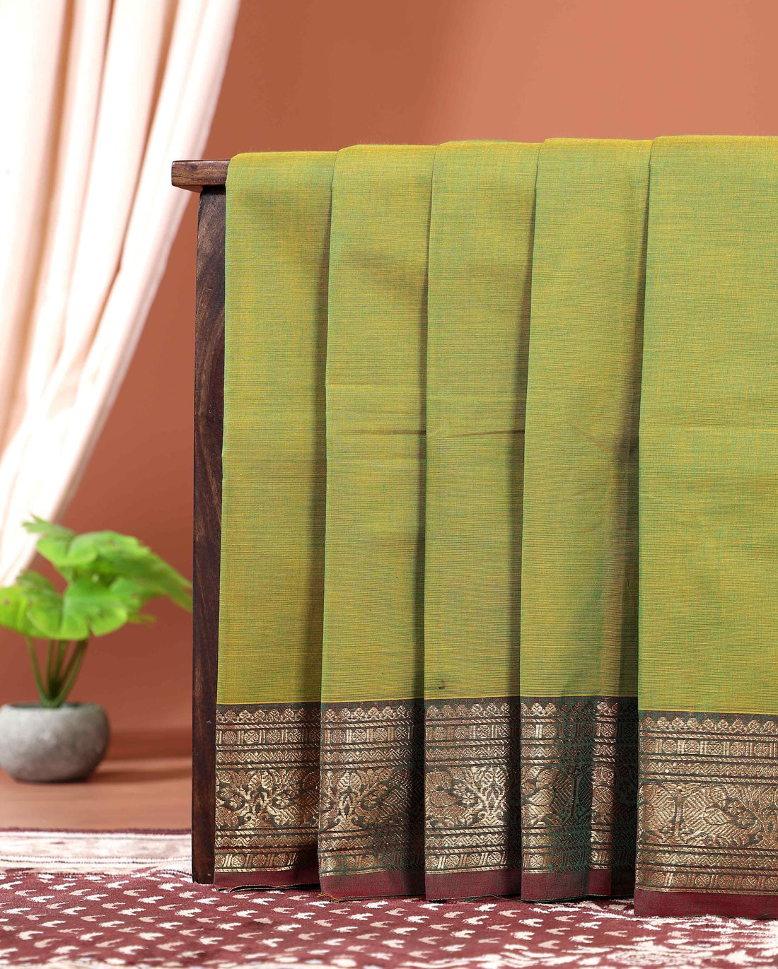 Elegant Kanchi Handwoven Cotton Saree with Grand Zari Border Traditional Peacock & Floral Motifs - Olive Green