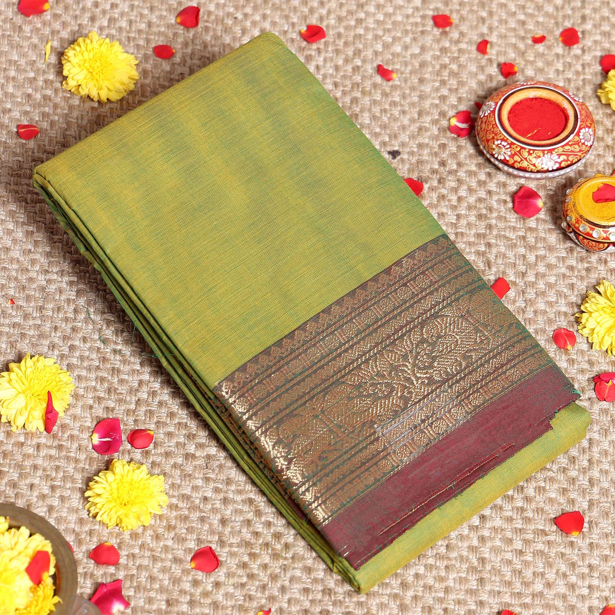 Elegant Kanchi Handwoven Cotton Saree with Grand Zari Border Traditional Peacock & Floral Motifs - Olive Green