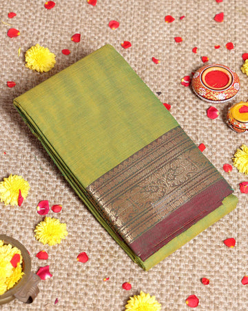 Elegant Kanchi Handwoven Cotton Saree with Grand Zari Border Traditional Peacock & Floral Motifs - Olive Green
