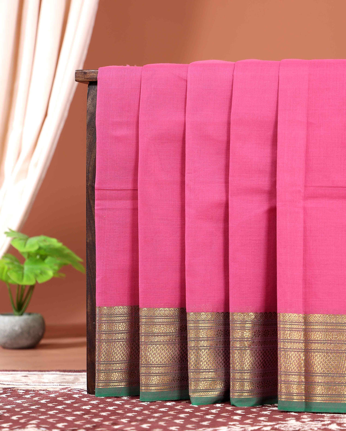 Traditional Kanchi Cotton Saree with Rich Zari Woven Border Intricate Temple & Diamond Motifs - Pink