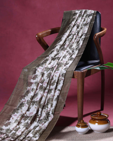 Elegant Semi Jute Saree with All Over Floral Leaf Print and Subtle Textured Traditional Border  - Off White