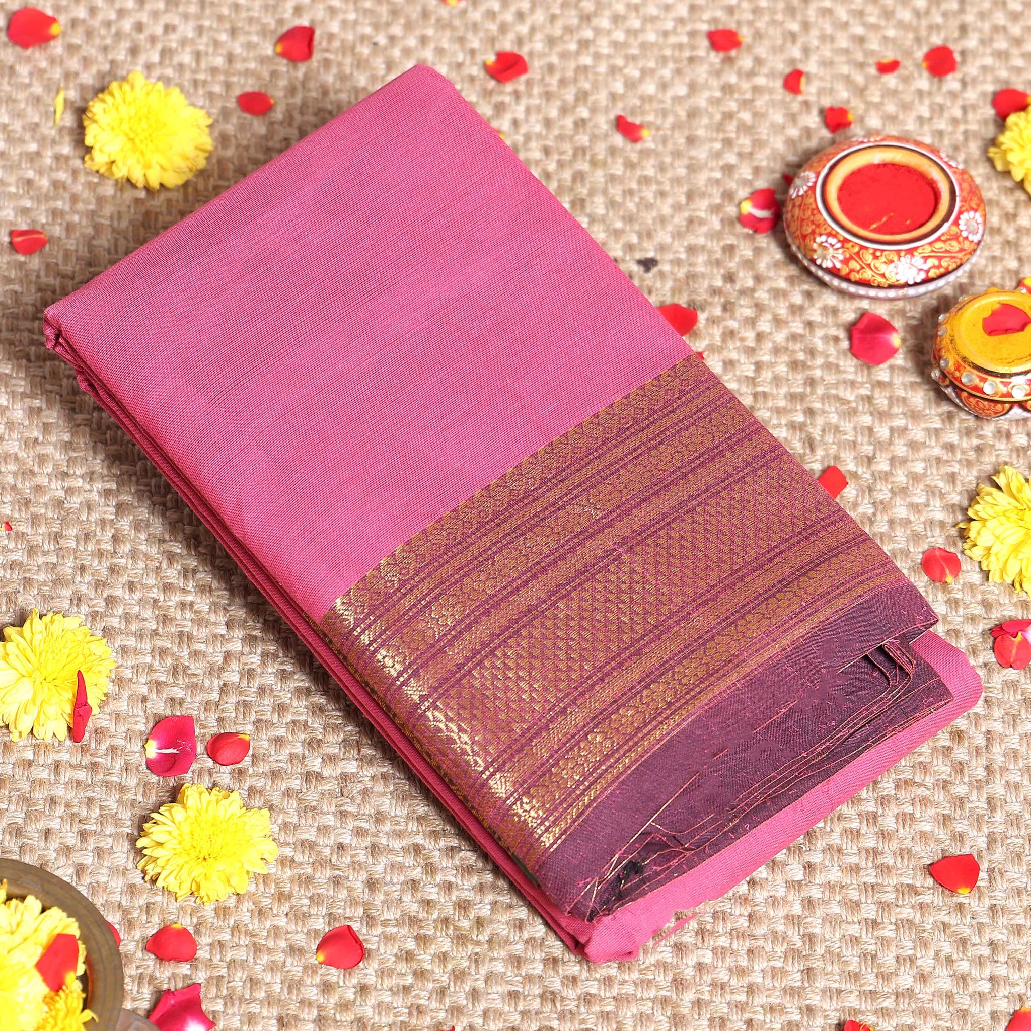 Traditional Kanchi Cotton Saree with Rich Zari Woven Border Intricate Temple & Diamond Motifs - Pink