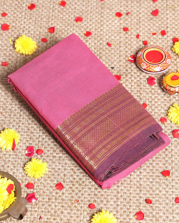 Traditional Kanchi Cotton Saree with Rich Zari Woven Border Intricate Temple & Diamond Motifs - Pink