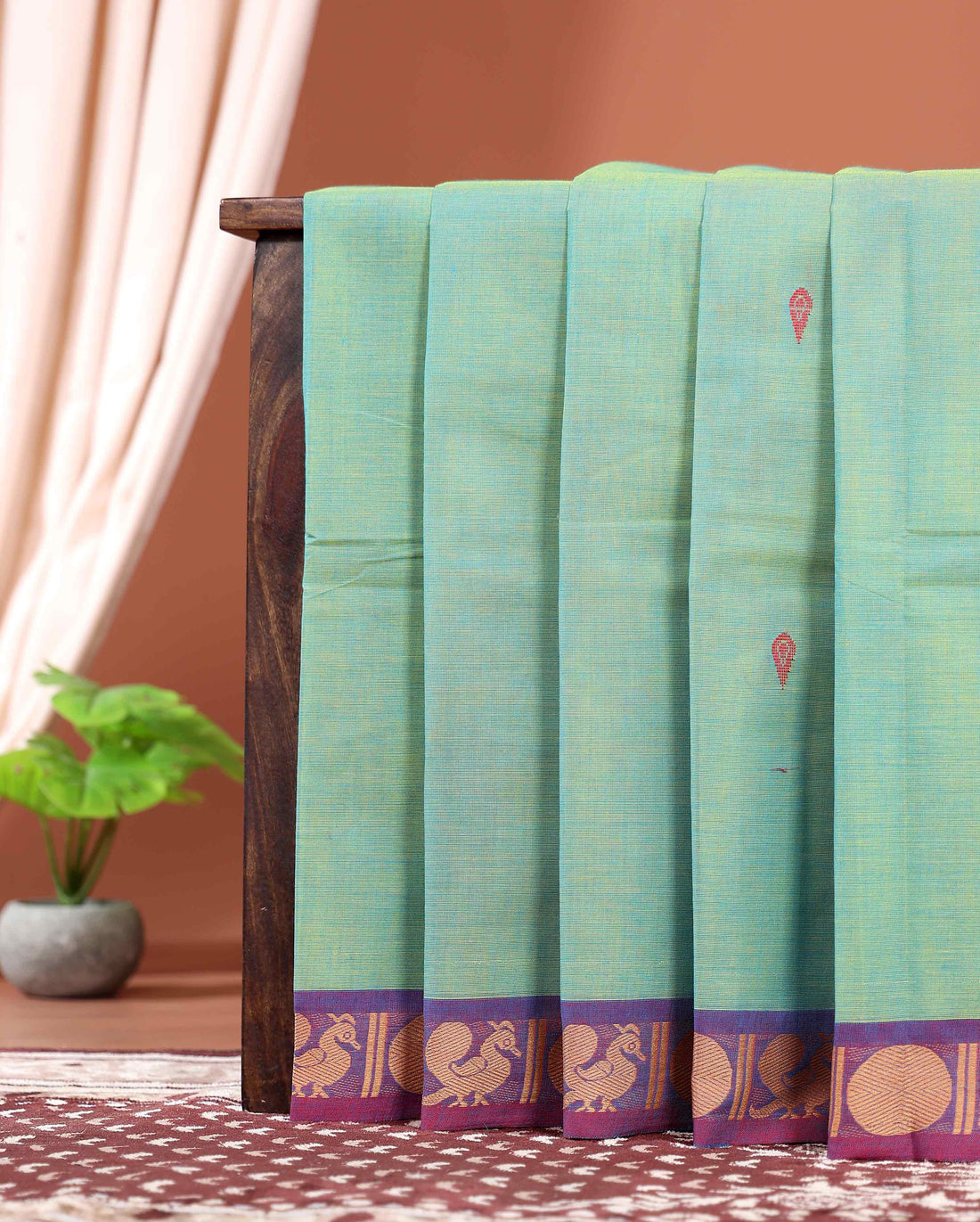 Traditional Handwoven Kanchi Cotton Saree with Rich Zari Border Traditional Peacock Motifs & Elegant Soft Weave Finish - Green