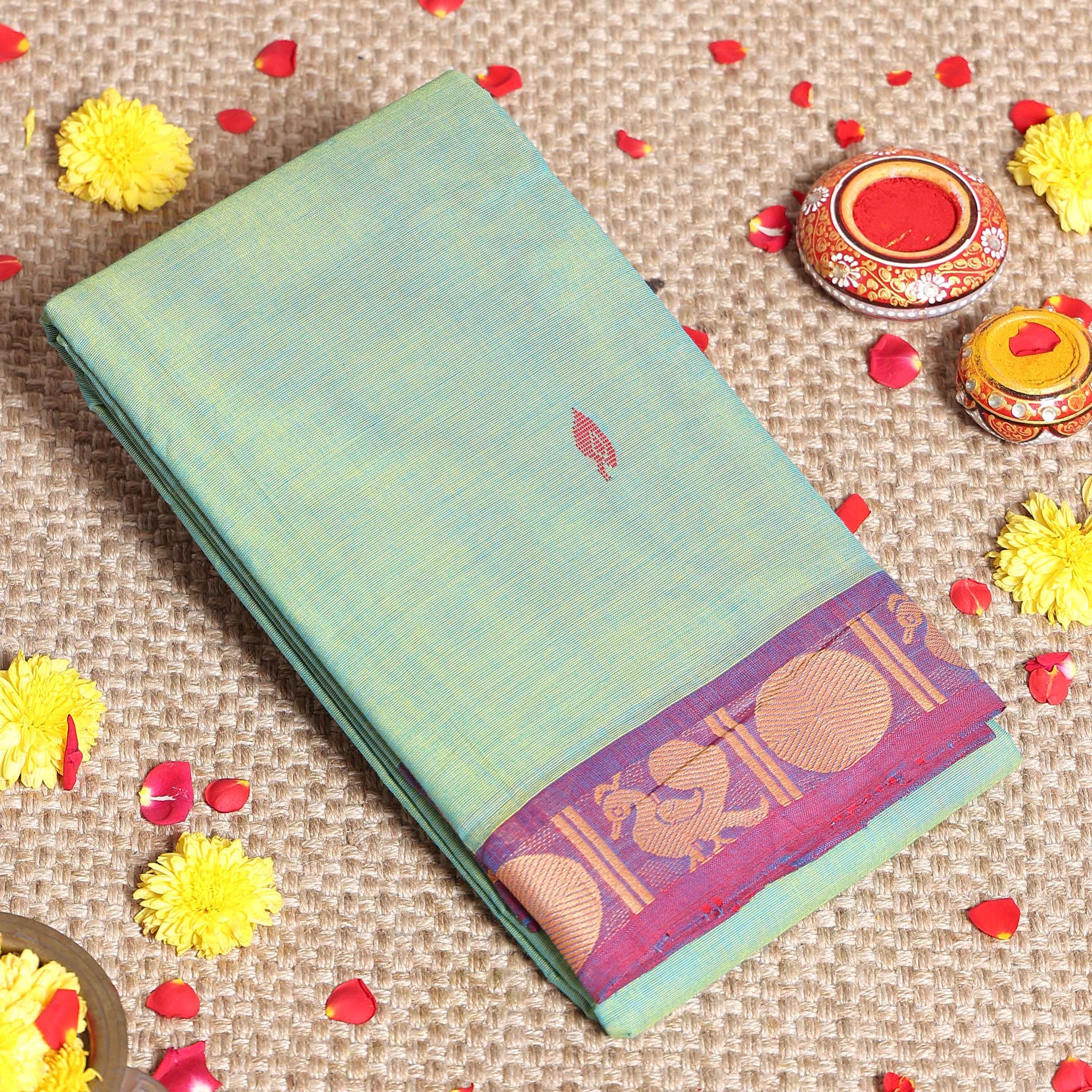 Traditional Handwoven Kanchi Cotton Saree with Rich Zari Border Traditional Peacock Motifs & Elegant Soft Weave Finish - Green