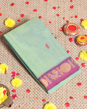 Traditional Handwoven Kanchi Cotton Saree with Rich Zari Border Traditional Peacock Motifs & Elegant Soft Weave Finish - Green