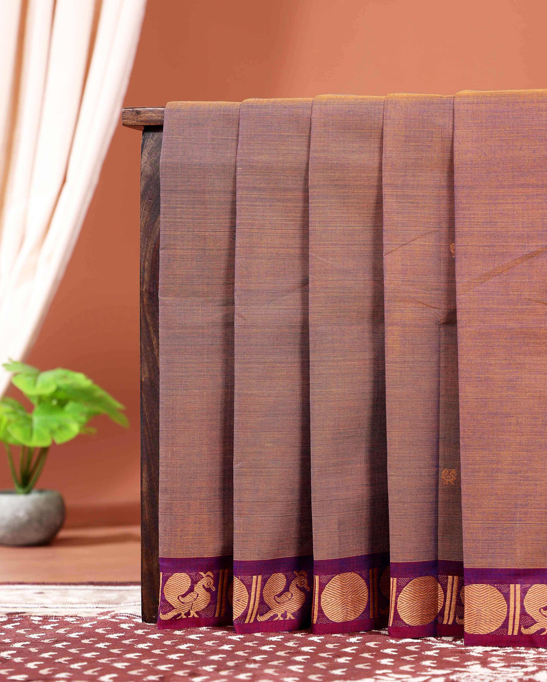 Traditional Handwoven Kanchi Cotton Saree with Rich Zari Border Traditional Peacock Motifs & Elegant Soft Weave Finish Without Blouse - Brown