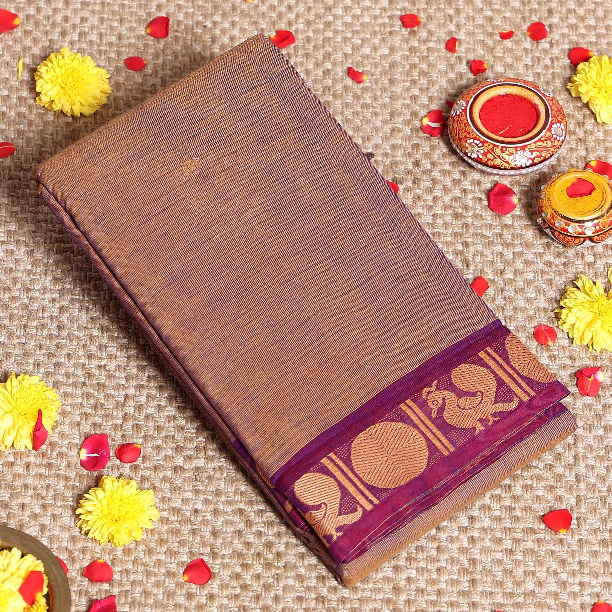 Traditional Handwoven Kanchi Cotton Saree with Rich Zari Border Traditional Peacock Motifs & Elegant Soft Weave Finish Without Blouse - Brown