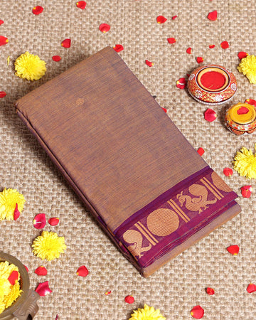 Traditional Handwoven Kanchi Cotton Saree with Rich Zari Border Traditional Peacock Motifs & Elegant Soft Weave Finish Without Blouse - Brown