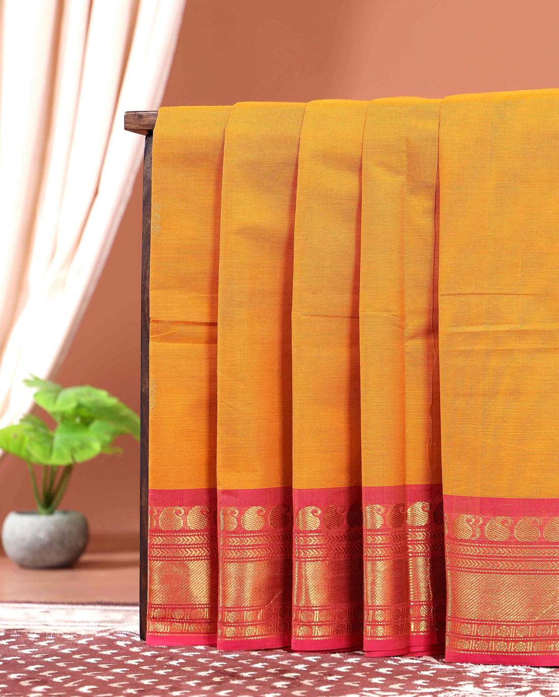 Elegant Kanchi Cotton Saree with Grand Zari Border Traditional Paisley Motifs & Soft Texture Weave Without Blouse - Yellow