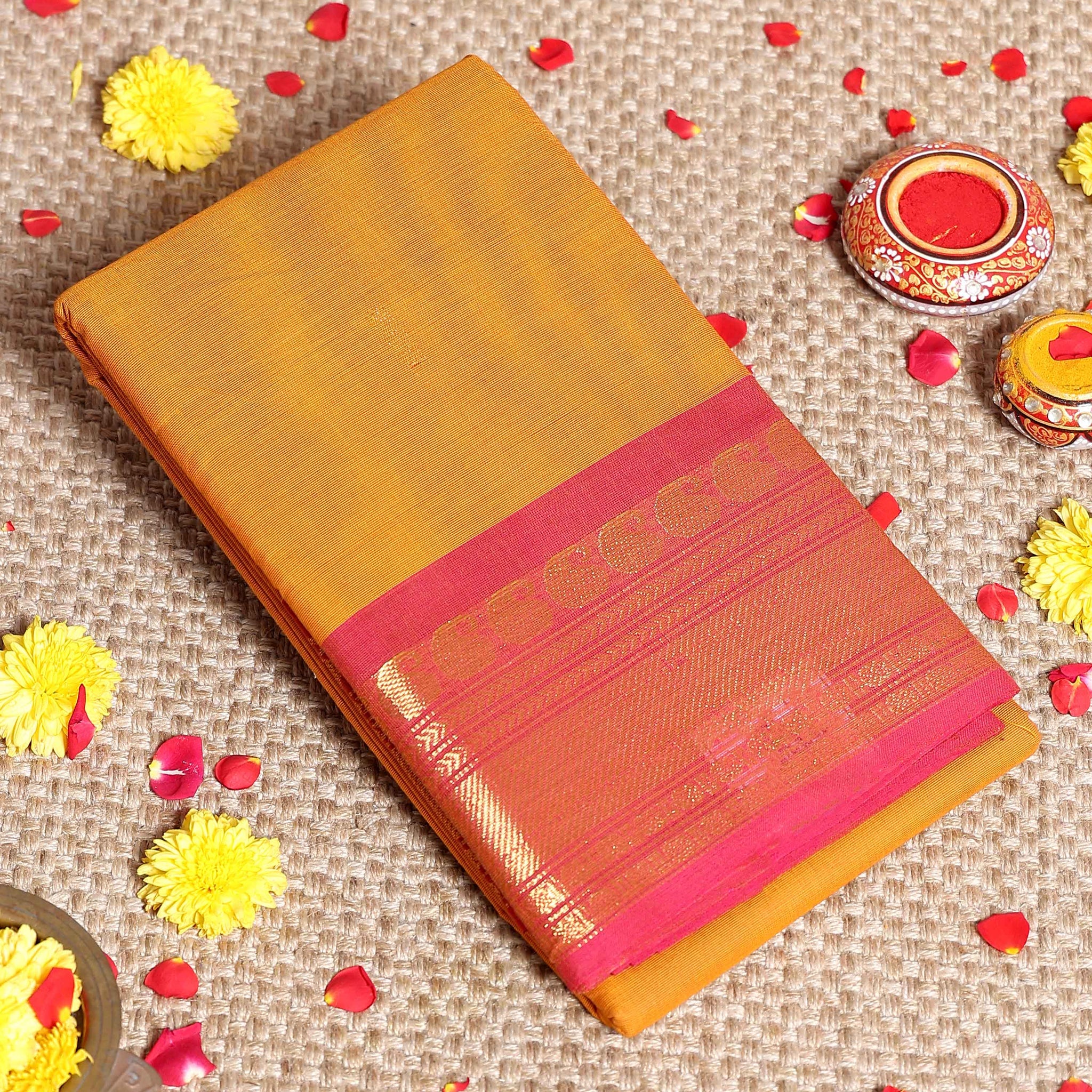 Elegant Kanchi Cotton Saree with Grand Zari Border Traditional Paisley Motifs & Soft Texture Weave Without Blouse - Yellow