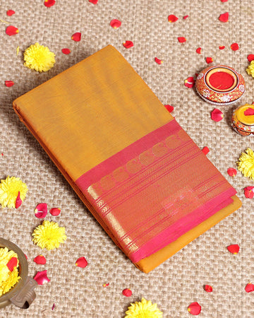 Elegant Kanchi Cotton Saree with Grand Zari Border Traditional Paisley Motifs & Soft Texture Weave Without Blouse - Yellow