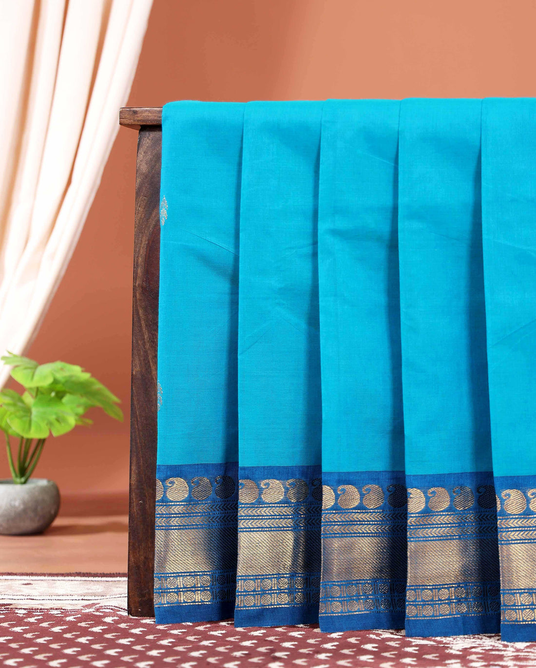 Elegant Kanchi Cotton Saree with Grand Zari Border Traditional Paisley Motifs & Soft Texture Weave Without Blouse - Blue