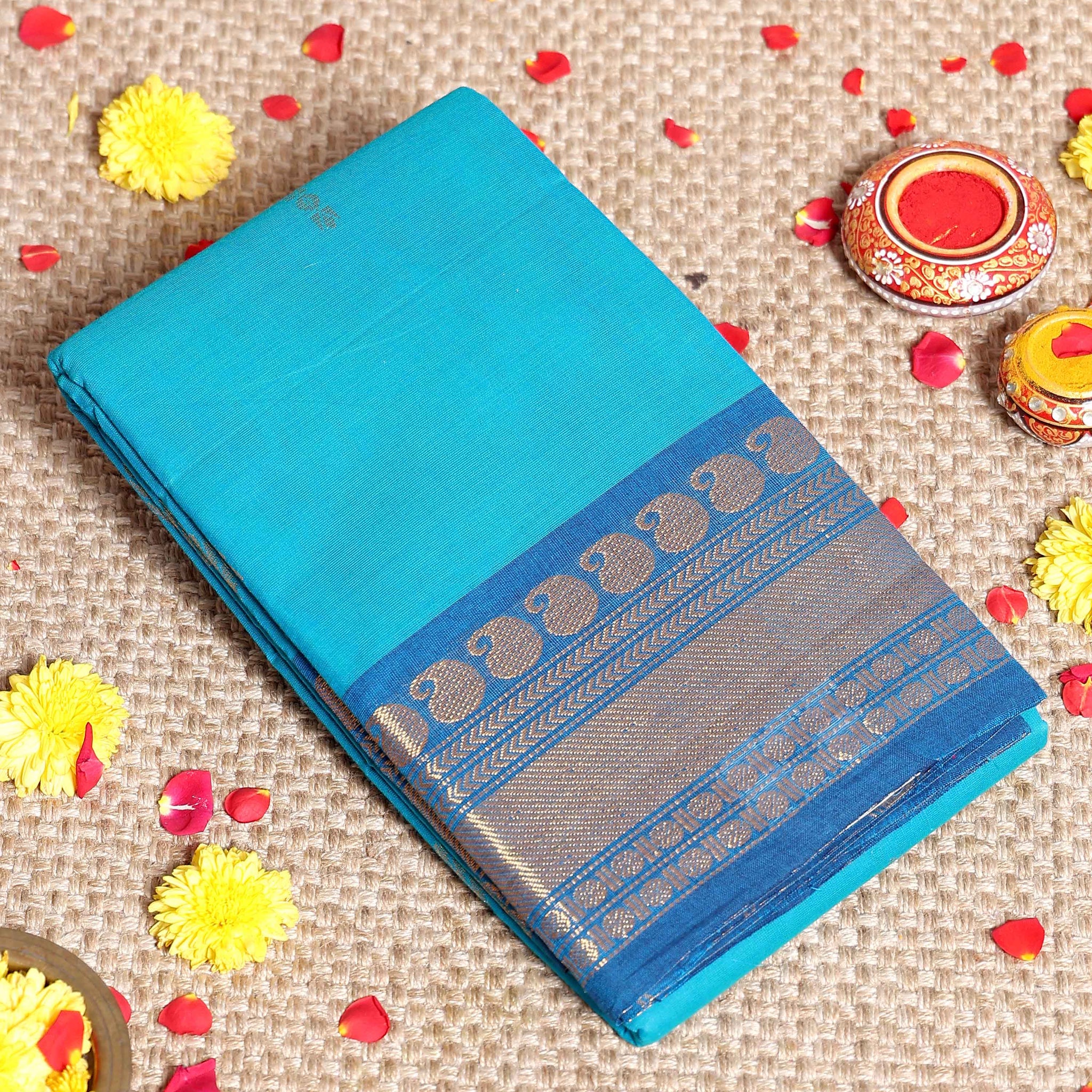 Elegant Kanchi Cotton Saree with Grand Zari Border Traditional Paisley Motifs & Soft Texture Weave Without Blouse - Blue