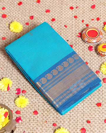 Elegant Kanchi Cotton Saree with Grand Zari Border Traditional Paisley Motifs & Soft Texture Weave Without Blouse - Blue