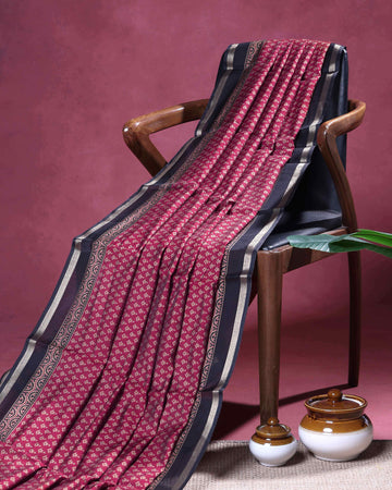 Traditional Semi Chanderi Saree with All-Over Buta Weaving and Traditional Woven Border - Maroon