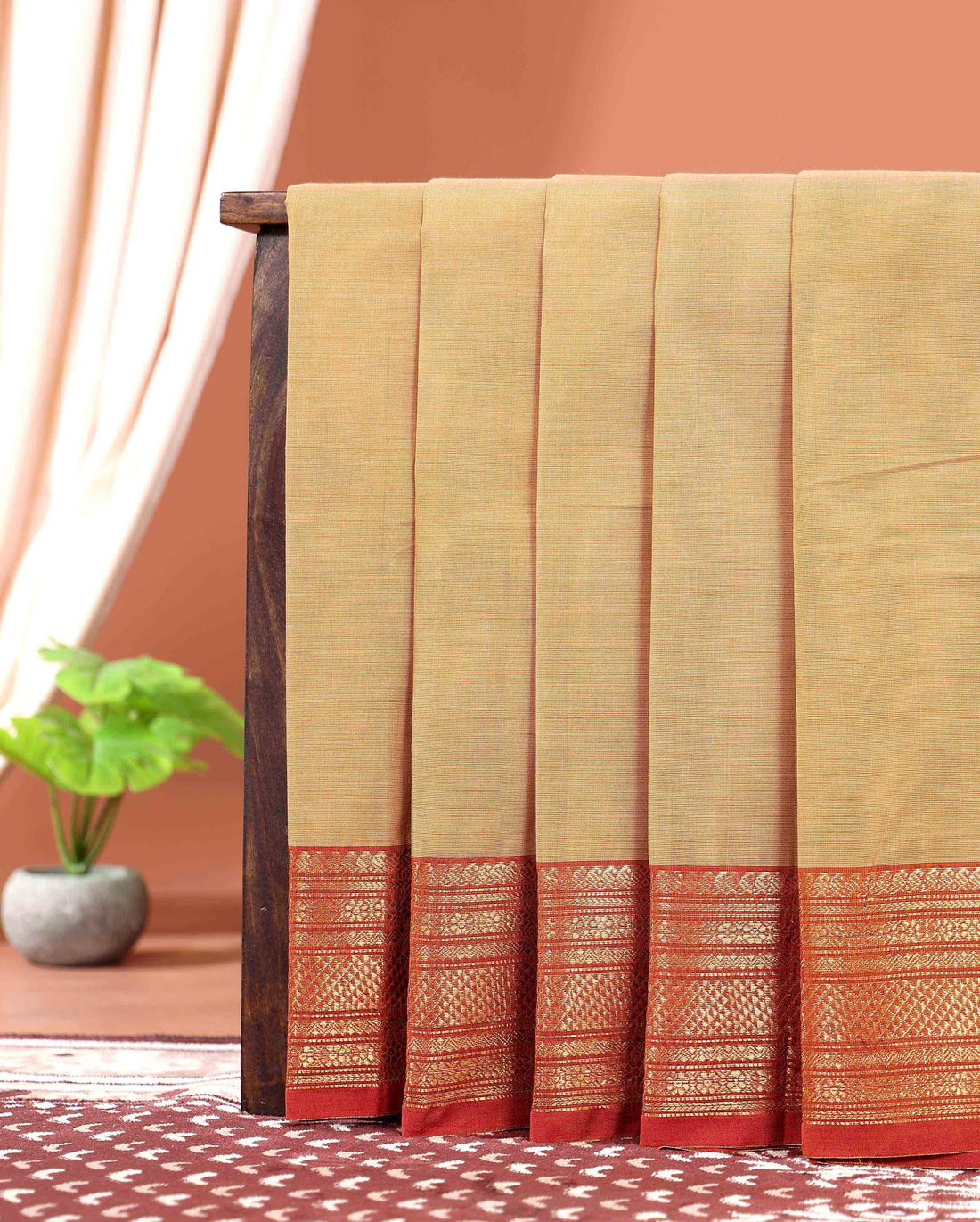 Traditional Kanchi Handloom Cotton Saree with Rich Zari Woven Border and Intricate Temple Design Patterns Without Blouse - Brown