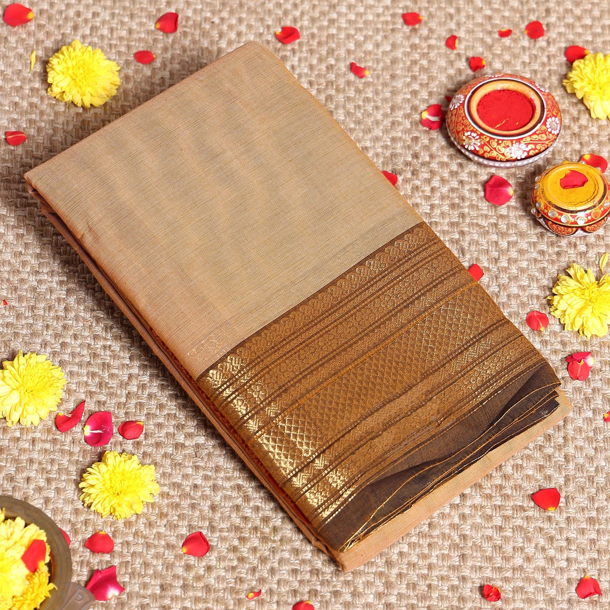 Traditional Kanchi Handloom Cotton Saree with Rich Zari Woven Border and Intricate Temple Design Patterns Without Blouse - Brown