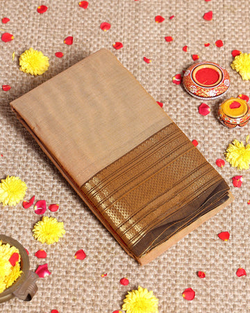 Traditional Kanchi Handloom Cotton Saree with Rich Zari Woven Border and Intricate Temple Design Patterns Without Blouse - Brown