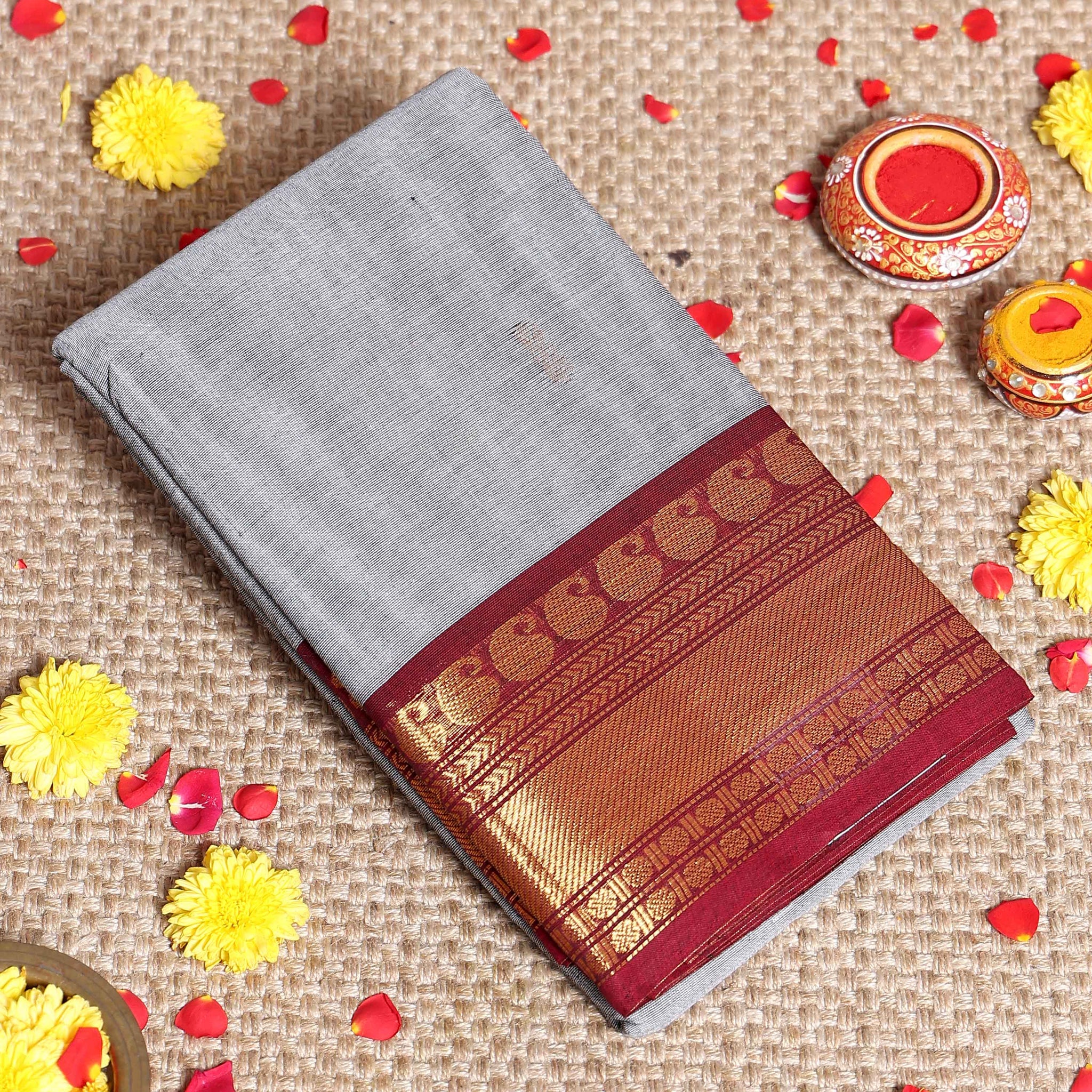 Elegant Kanchi Cotton Saree with Grand Zari Border Traditional Paisley Motifs & Soft Texture Weave Without Blouse- Grey