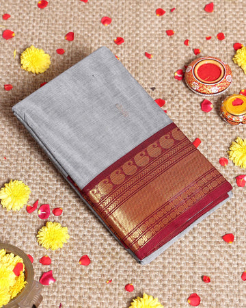 Elegant Kanchi Cotton Saree with Grand Zari Border Traditional Paisley Motifs & Soft Texture Weave Without Blouse- Grey