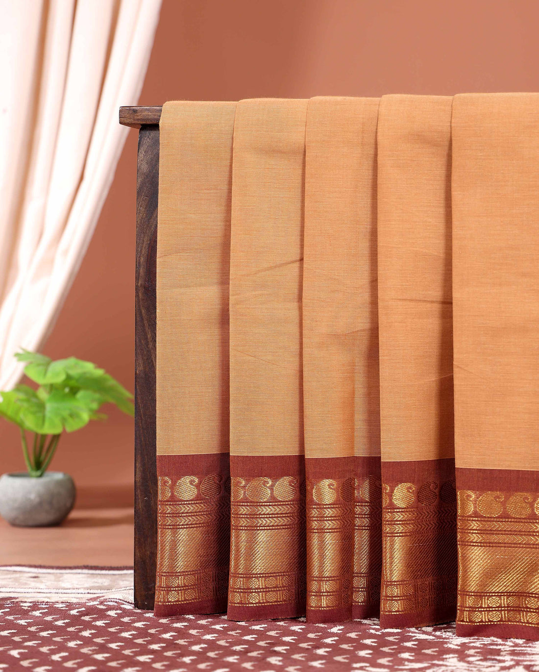 Elegant Kanchi Cotton Saree with Grand Zari Border Traditional Paisley Motifs & Soft Texture Weave Without Blouse - Sandal