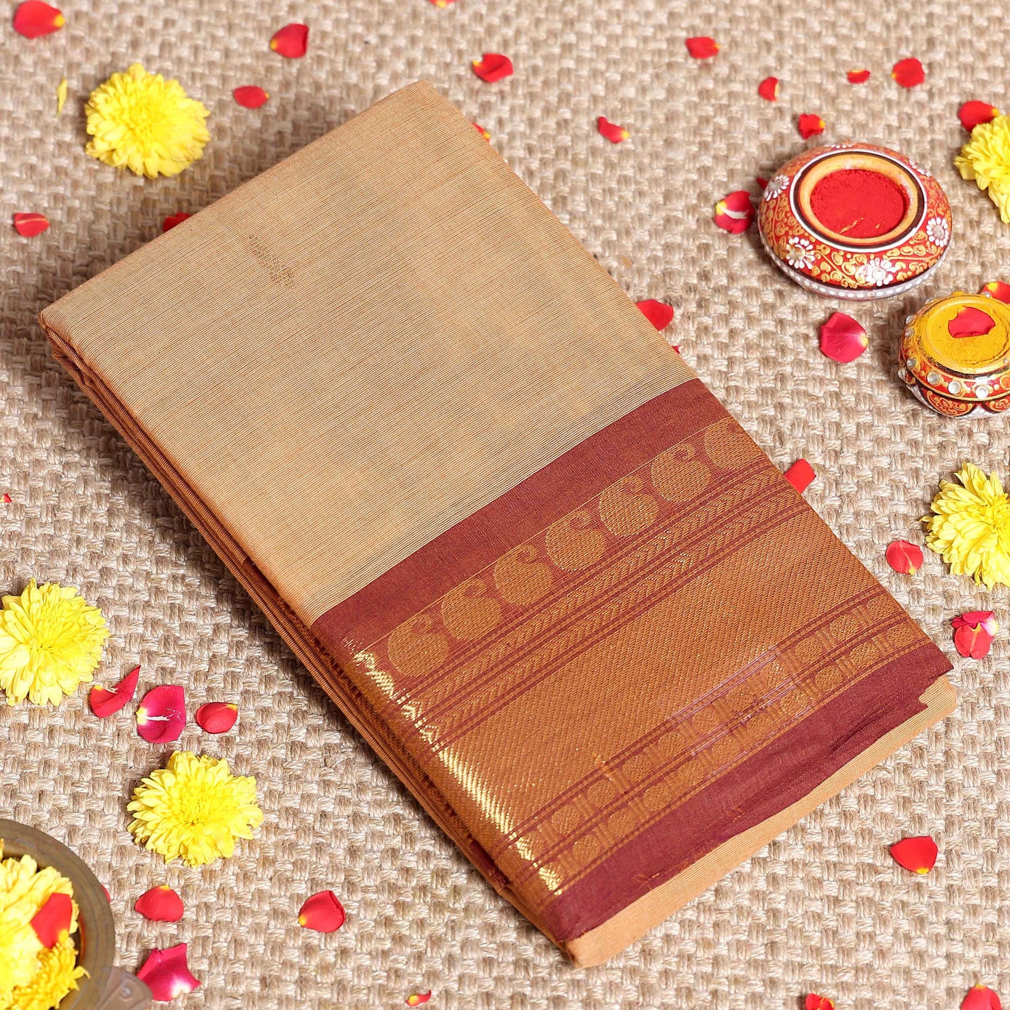 Elegant Kanchi Cotton Saree with Grand Zari Border Traditional Paisley Motifs & Soft Texture Weave Without Blouse - Sandal