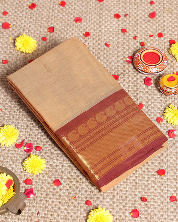 Elegant Kanchi Cotton Saree with Grand Zari Border Traditional Paisley Motifs & Soft Texture Weave Without Blouse - Sandal