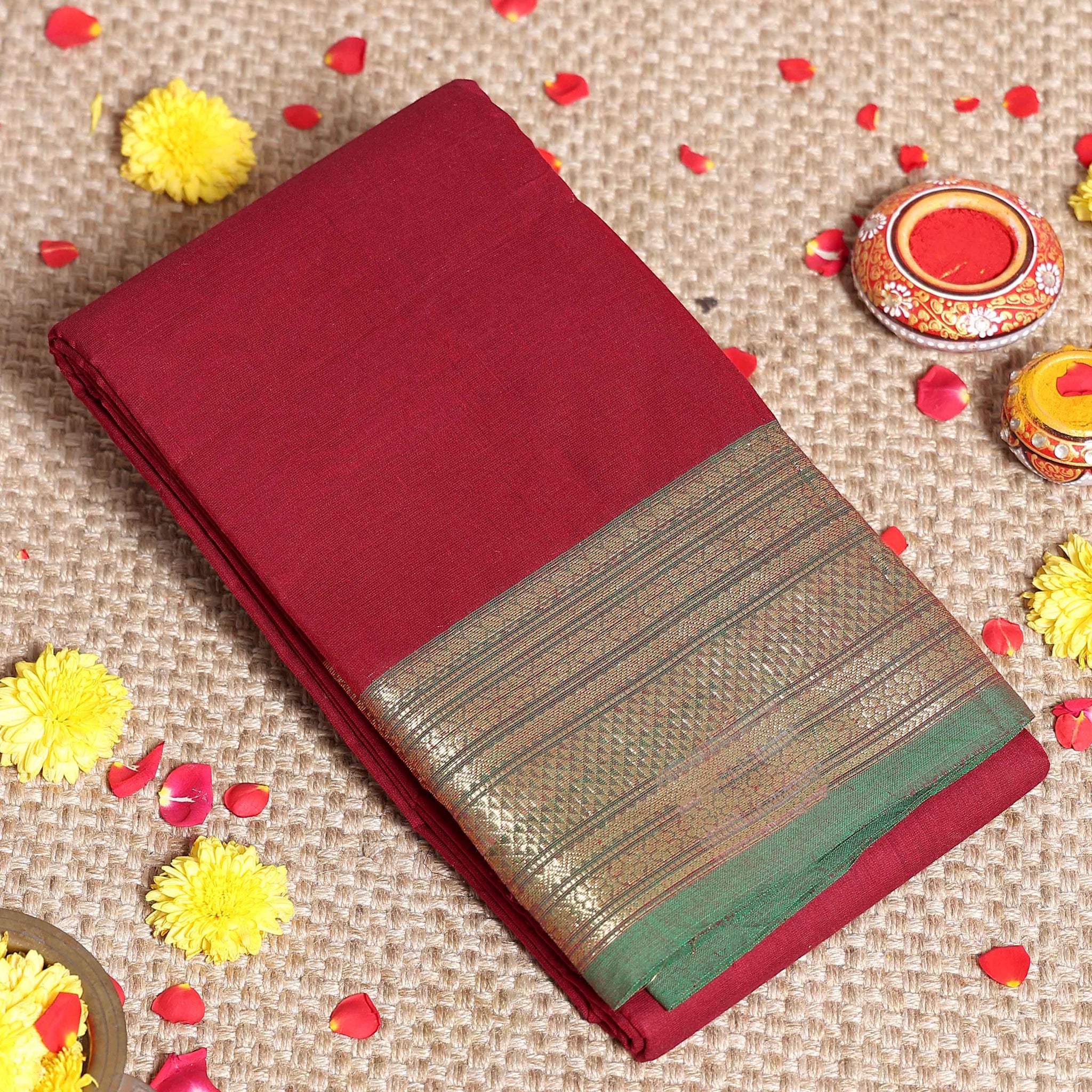 Elegant Kanchi Cotton Saree with Rich Zari Woven Border and Traditional Handloom Detailing Without Blouse - Maroon