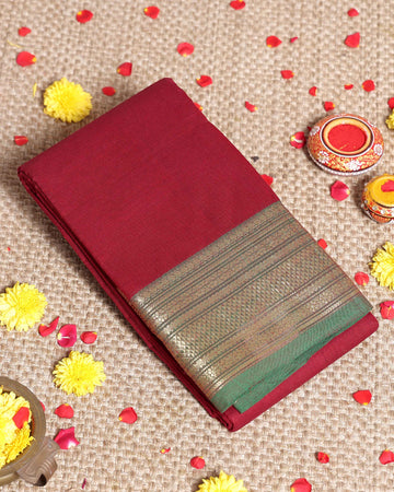 Elegant Kanchi Cotton Saree with Rich Zari Woven Border and Traditional Handloom Detailing Without Blouse - Maroon
