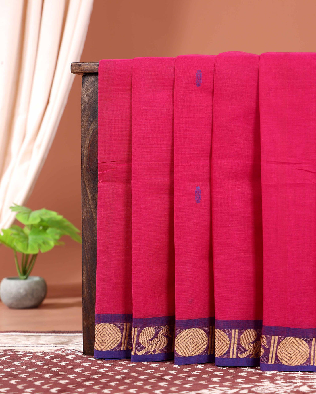 Traditional Handwoven Kanchi Cotton Saree with Rich Zari Border Traditional Peacock Motifs & Elegant Soft Weave Finish Without Blouse- Dark Pink