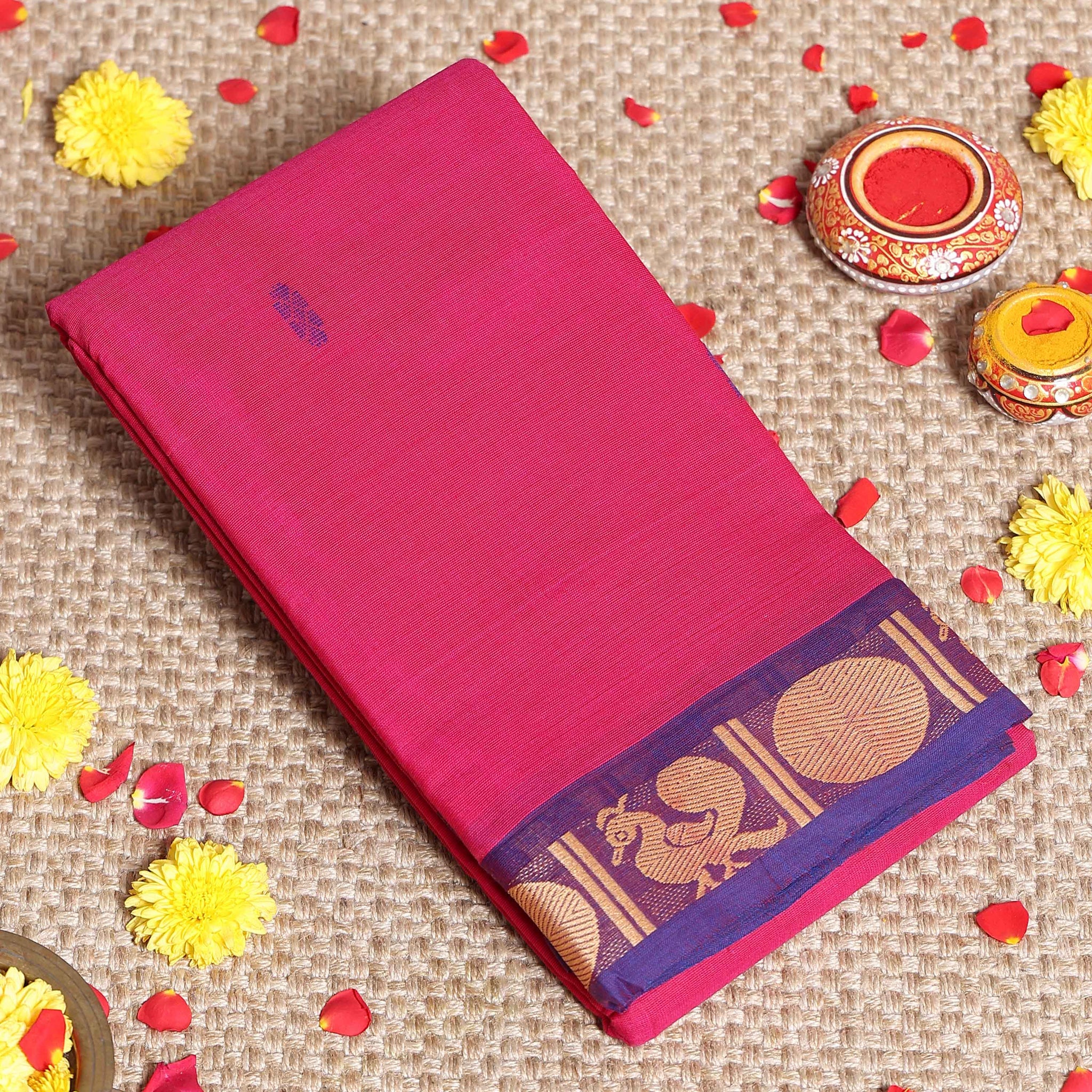 Traditional Handwoven Kanchi Cotton Saree with Rich Zari Border Traditional Peacock Motifs & Elegant Soft Weave Finish Without Blouse- Dark Pink