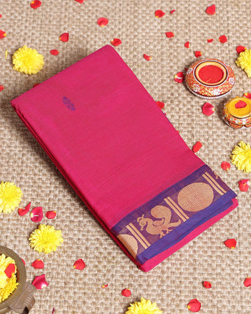 Traditional Handwoven Kanchi Cotton Saree with Rich Zari Border Traditional Peacock Motifs & Elegant Soft Weave Finish Without Blouse- Dark Pink