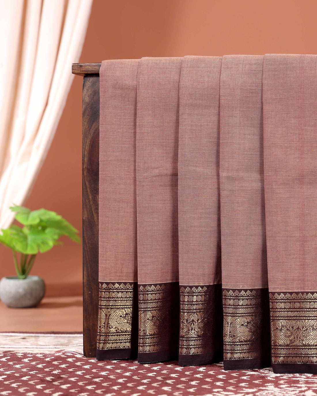 Traditional Kanchi Cotton Saree with Intricate Peacock Motif Zari Border and Fine Handwoven Body Without Blouse - Brown