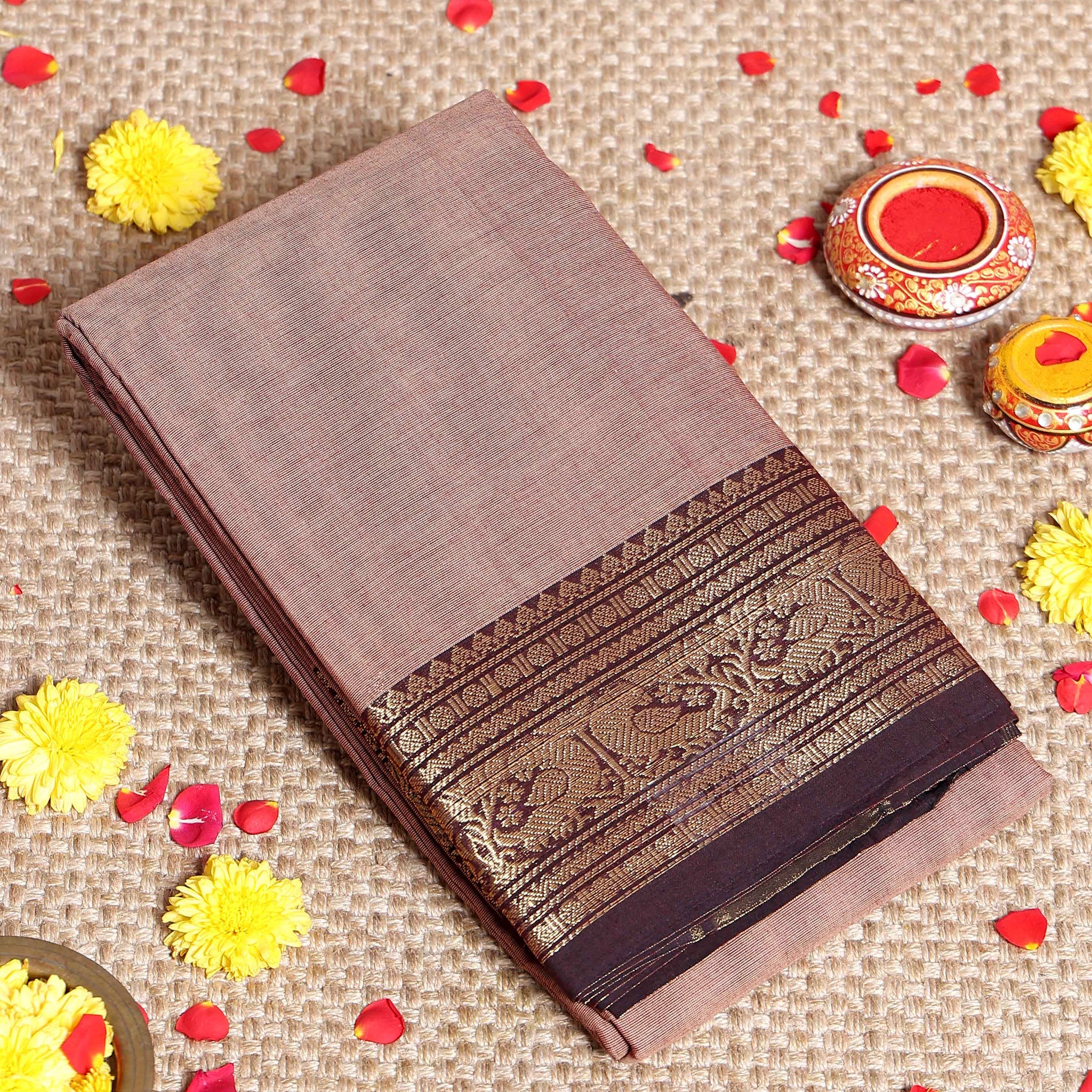 Traditional Kanchi Cotton Saree with Intricate Peacock Motif Zari Border and Fine Handwoven Body Without Blouse - Brown