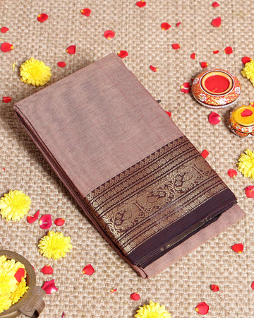 Traditional Kanchi Cotton Saree with Intricate Peacock Motif Zari Border and Fine Handwoven Body Without Blouse - Brown